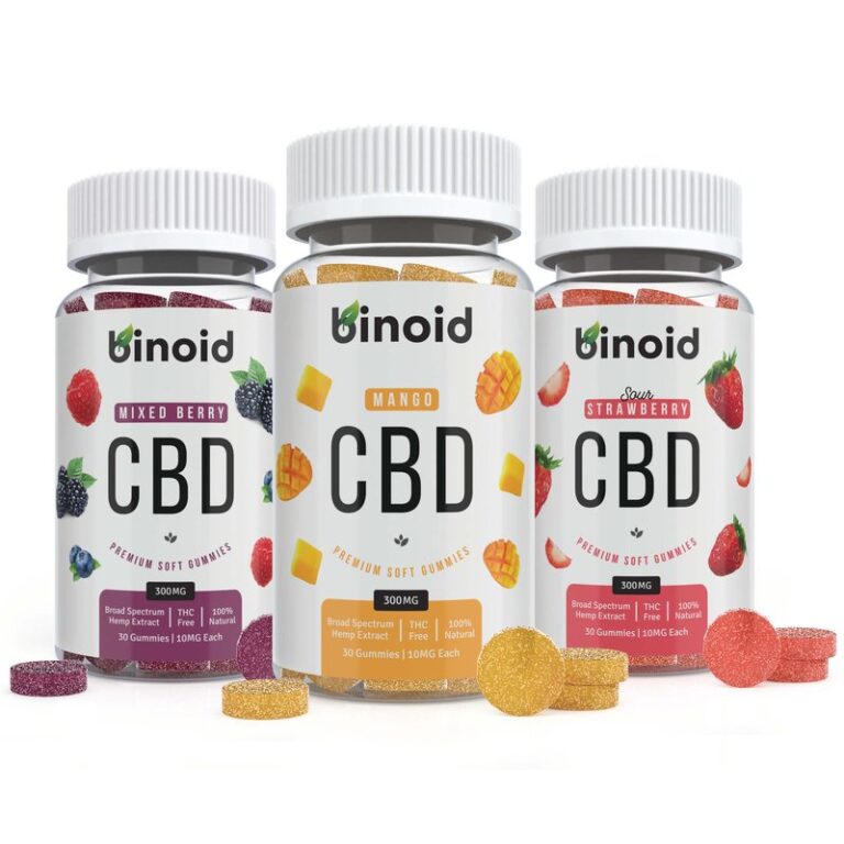 Binoid Gummies Guide: CBD, Delta 9, THCV and Mushroom Gummies Explained Three bottles of Binoid CBD gummies in mixed fruit flavours