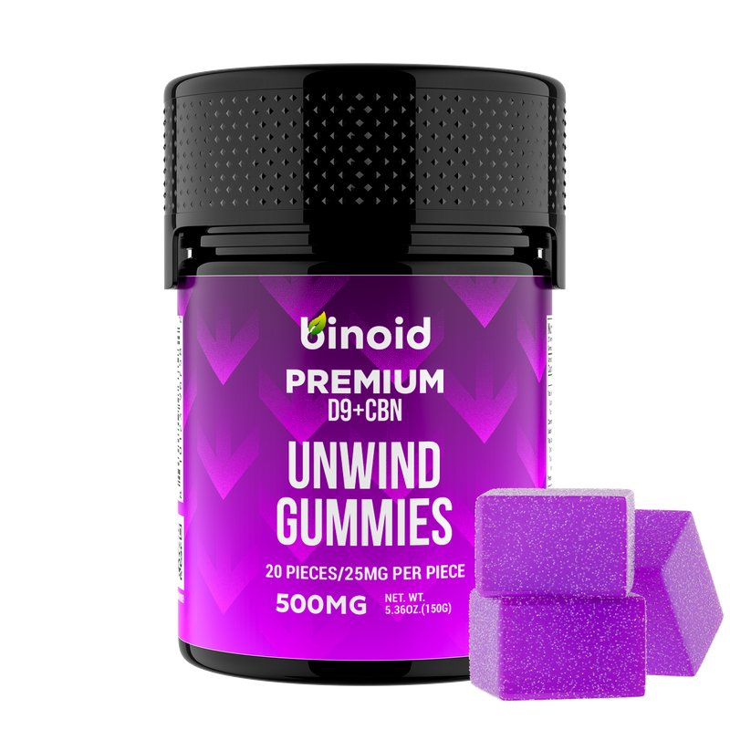 Binoid Premium Unwind gummies jar, Delta 9 plus CBN, 500mg