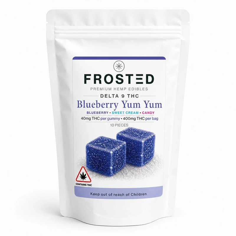Frosted Delta 9 THC gummies pouch in Blueberry Yum Yum flavour