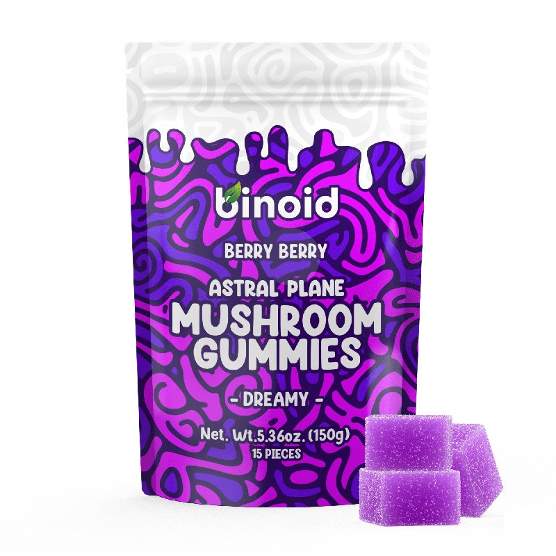 Binoid Astral Plane mushroom gummies pouch in Berry Berry flavour