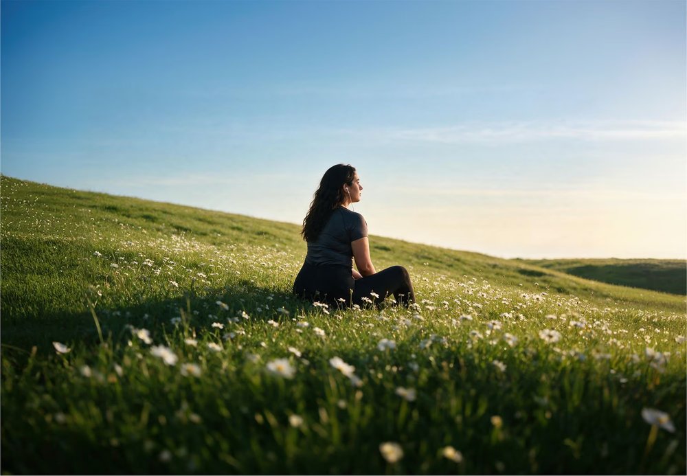 Woman sitting on a grassy hillside at sunrise