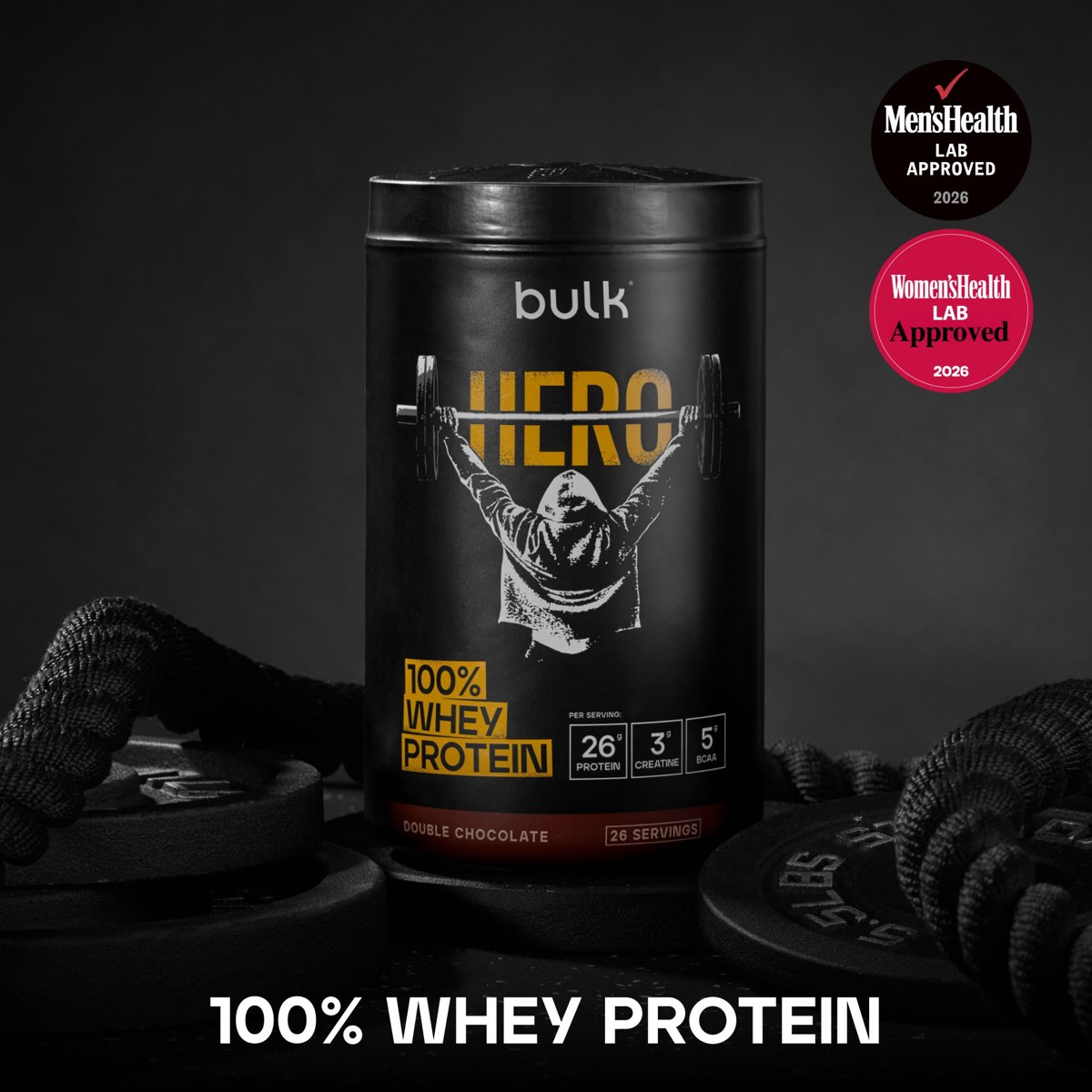 Bulk Hero Whey protein tub and serving details