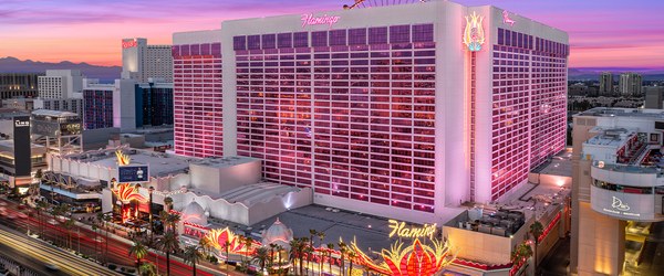 Flamingo Las Vegas hotel tower lit pink at dusk