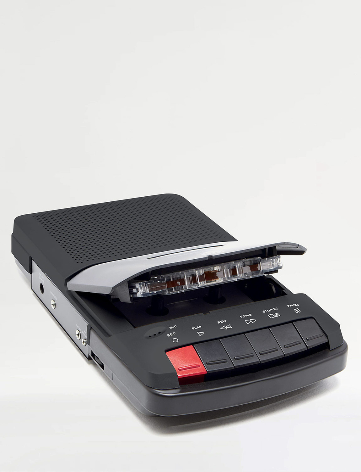 Black portable cassette recorder with a carry handle