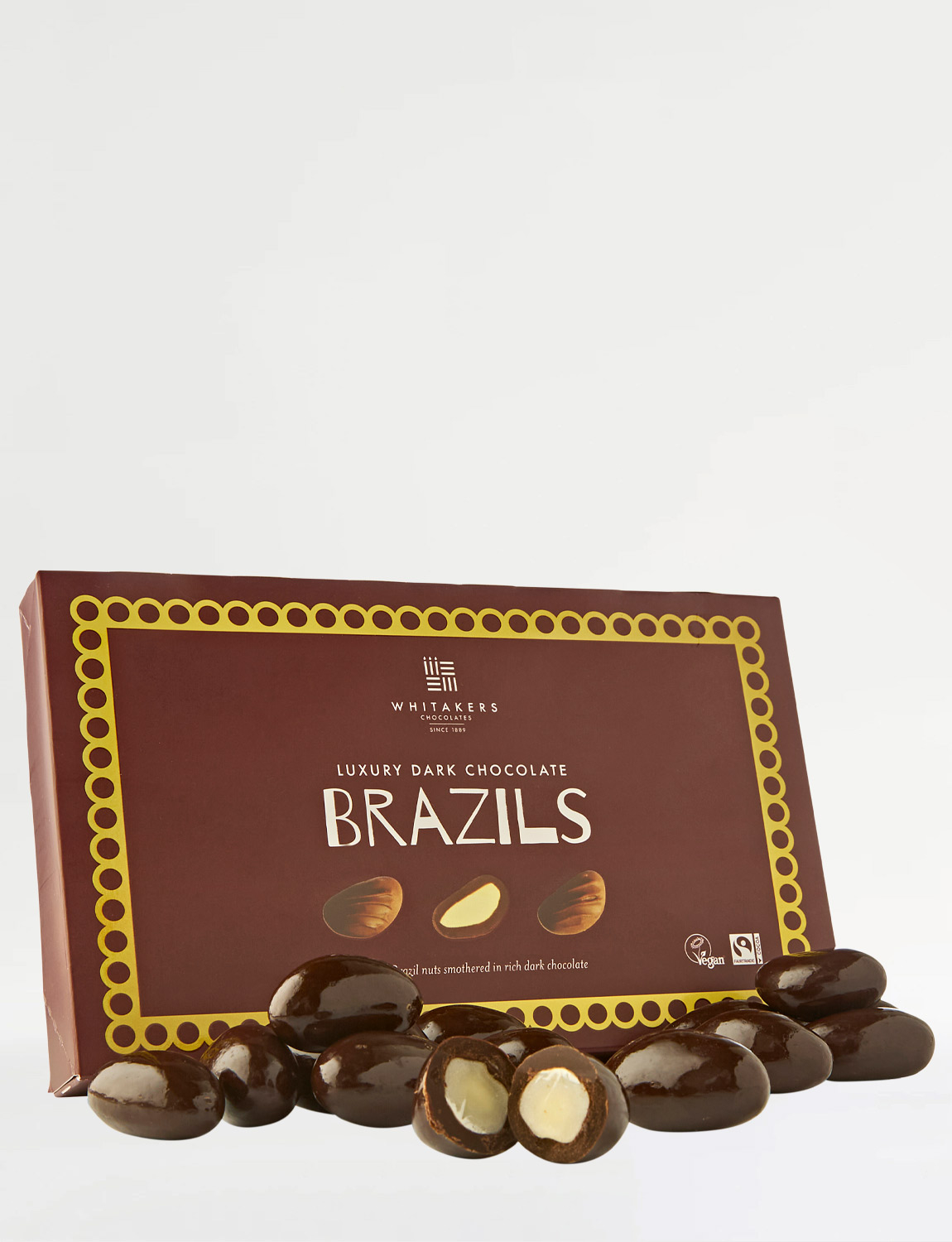Box of Whitakers Dark Brazils chocolate covered Brazil nuts