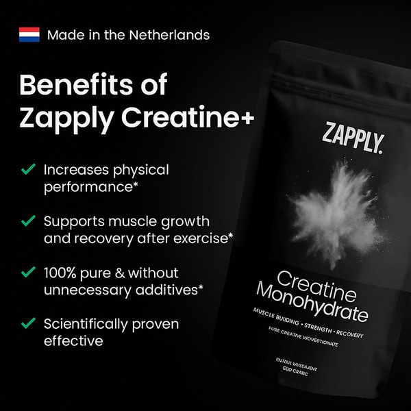 Zapply Creatine+ benefits graphic beside a black creatine pouch, listing strength, muscle growth and recovery claims