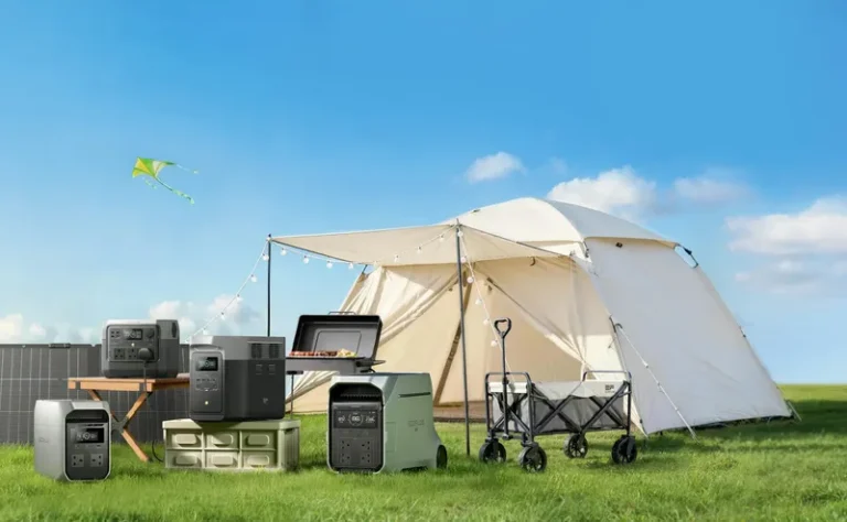 EcoFlow STREAM and DELTA: A UK Guide to Home Solar Batteries and Backup Power EcoFlow power stations powering a camping setup outdoors