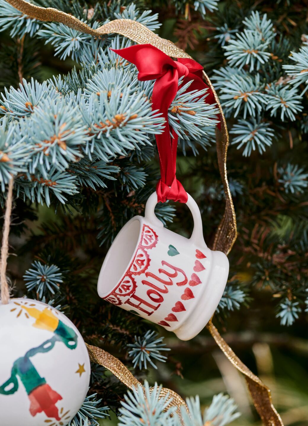 Emma Bridgewater personalised tiny mug decoration hanging on a Christmas tree