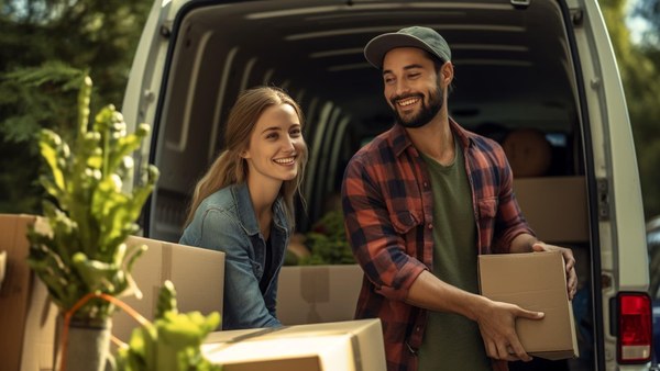 Couple unloading boxes and plants from the back of a rental van
