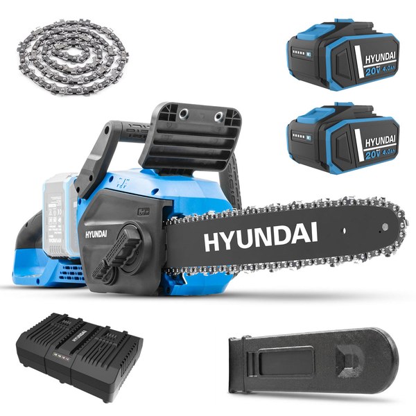Hyundai 40V cordless chainsaw with two batteries, charger, spare chain and bar cover