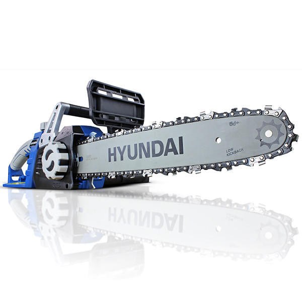 Blue Hyundai 1600W electric chainsaw with a 14 inch bar
