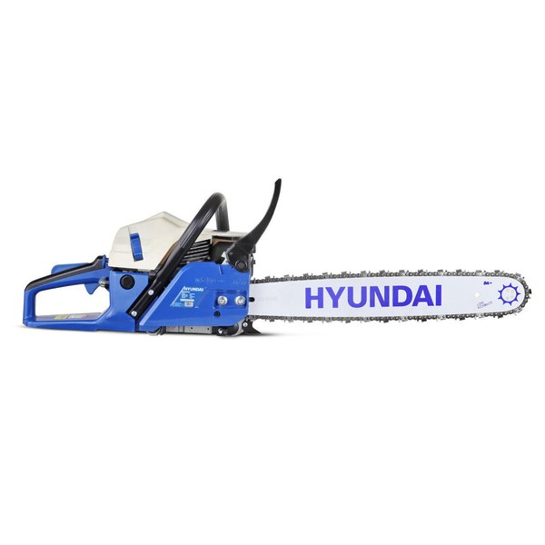 Hyundai 62cc petrol chainsaw with a 20 inch bar seen from the side