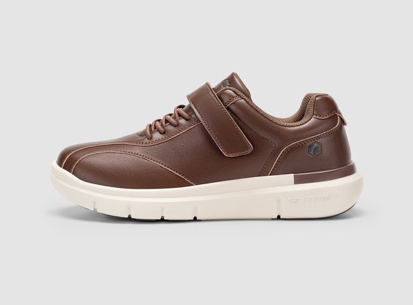 FitVille Wide-Fit Dress Shoes for Men: EasyTop Deluxe, EasyWalk and EasyTop Pro A brown FitVille EasyTop Deluxe dress shoe with a Velcro strap and cream sole