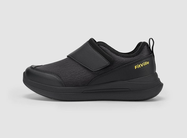 A black FitVille EasyTop Pro shoe with a wide Velcro strap