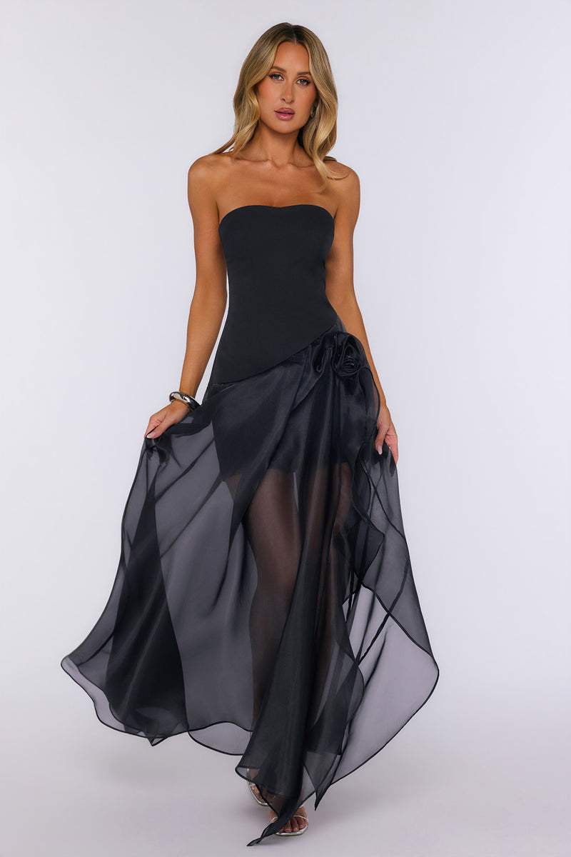 Black strapless maxi dress with a sheer skirt from Hello Molly
