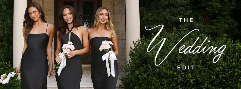 Hello Molly Wedding Edit banner with three bridesmaids in black
