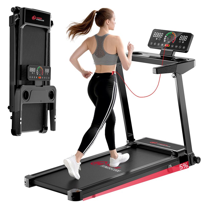 A woman running on the Home Fitness Code Folding Treadmill Q8 shown next to its folded position