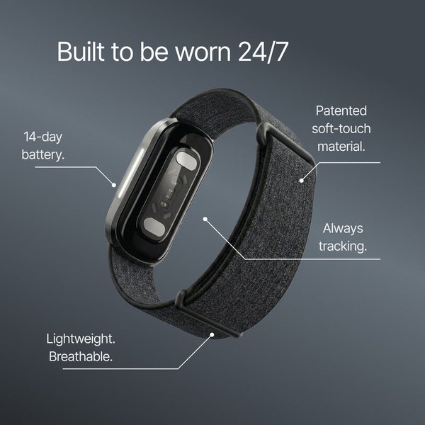 Hume Band 2.0 sensor module showing its 14-day battery and soft-touch strap