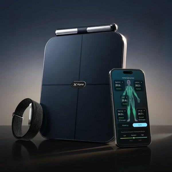Hume Pod smart scale and Hume Band 2.0 shown with the Hume Health app