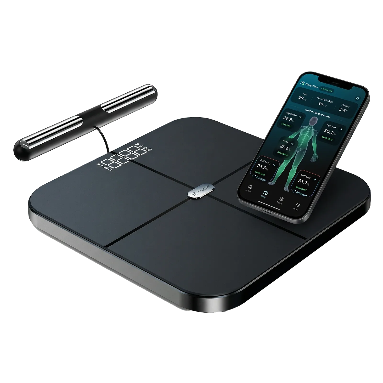 The Hume Pod smart body composition scale with handle and the Hume app