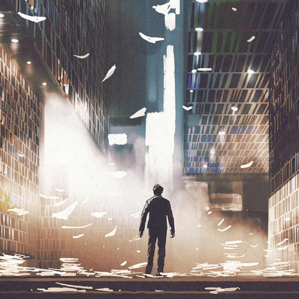 Silhouette of a figure walking through a ruined city towards the light, illustrating dystopian fiction