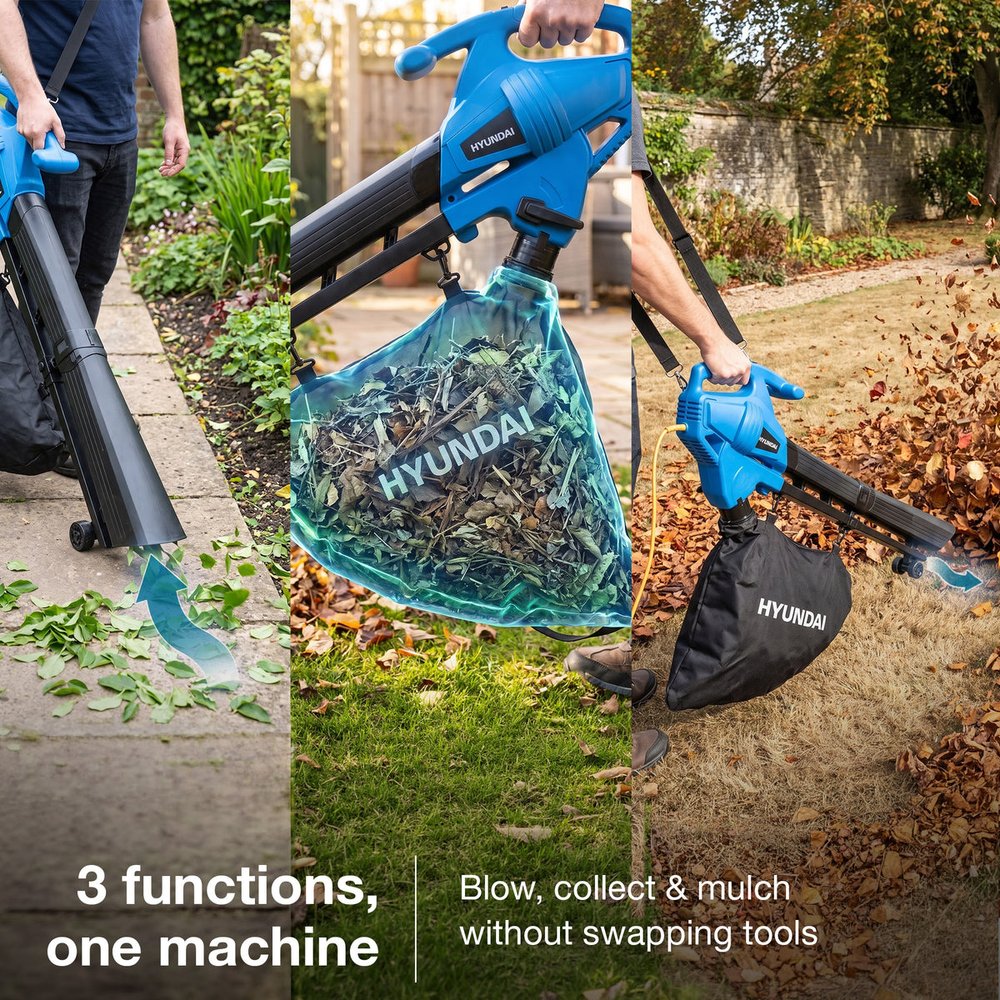 Hyundai leaf blower vacuum collecting leaves into its bag