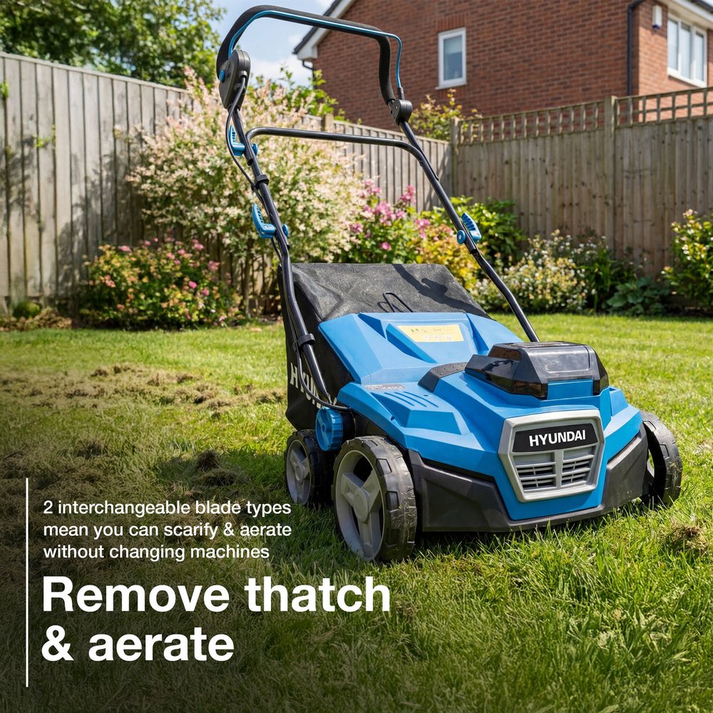 Hyundai cordless scarifier and aerator on a garden lawn