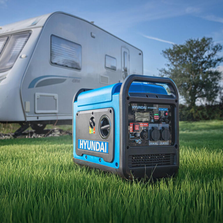 Hyundai Inverter Generators for Power Cuts: 2kW to 5.5kW Models Compared Hyundai HY3250SEi inverter generator on grass beside a caravan