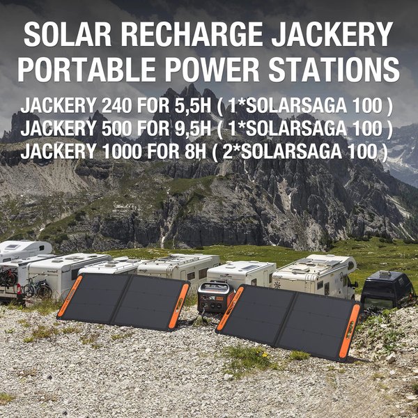 Jackery power stations recharging from SolarSaga solar panels outdoors