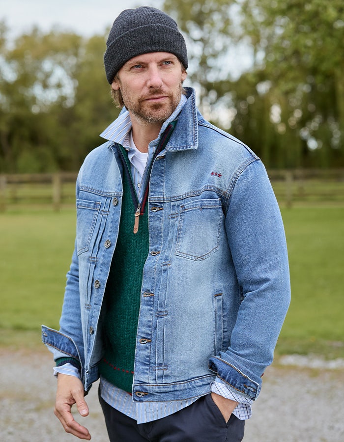 Joe Browns knit layered under a denim jacket with a beanie
