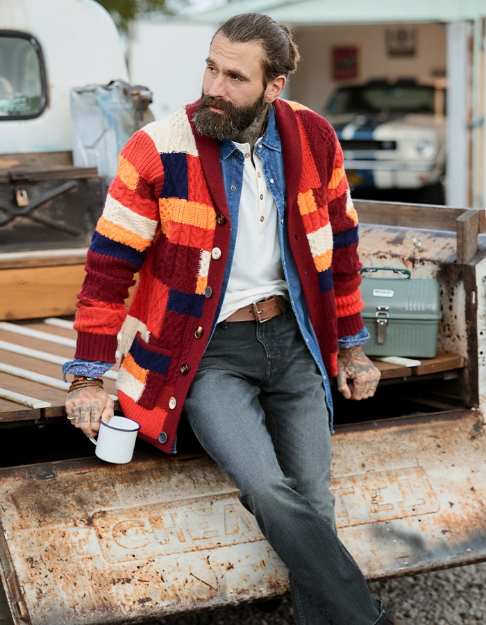 Joe Browns patchwork Aztec cardigan in red, orange and blue