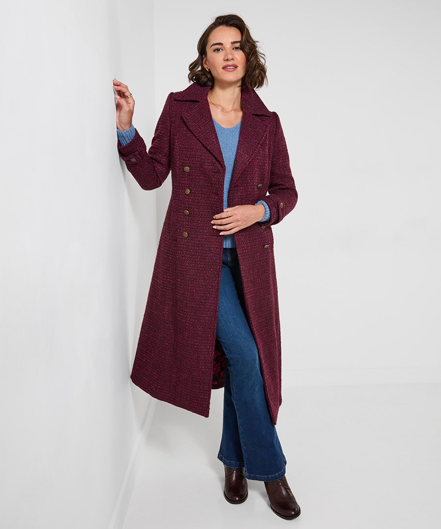 Model wearing the Joe Browns Berry Dreams Long Tweed Coat