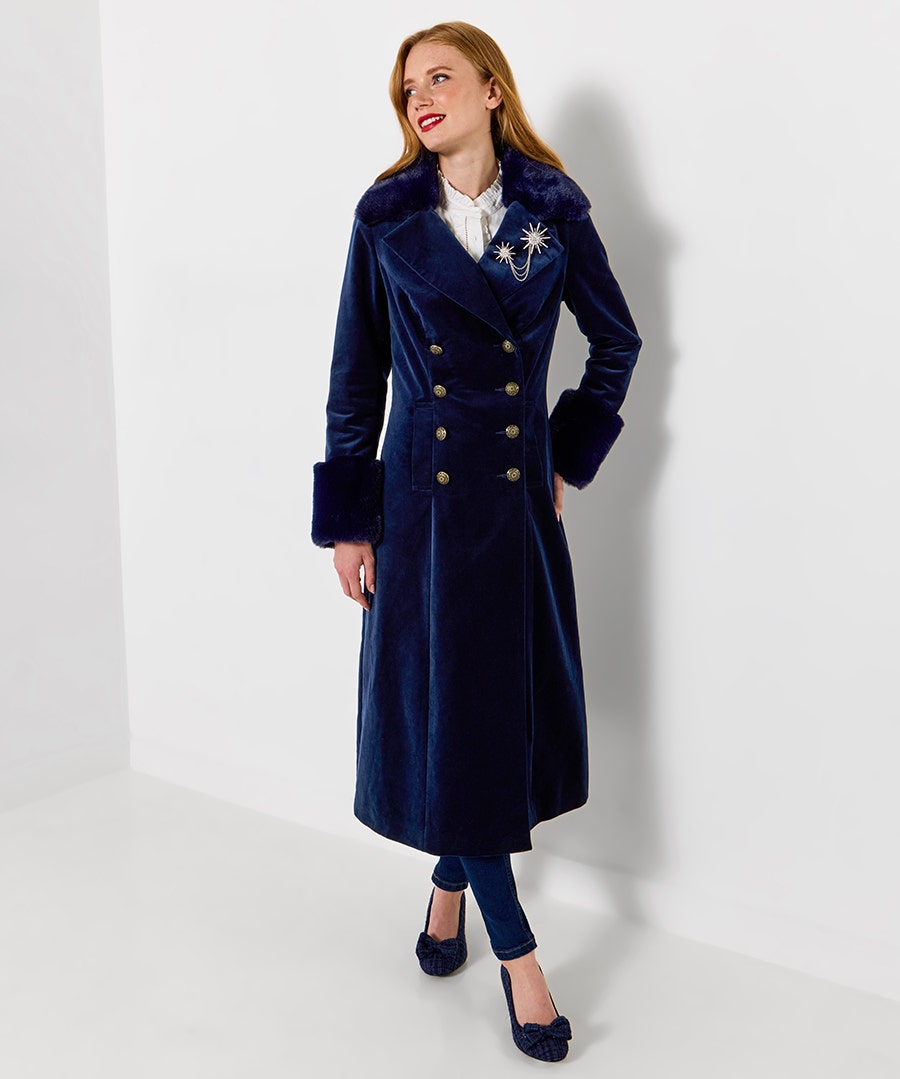 Model in the long navy Joe Browns Hallie Faux Fur Trim Velvet Coat