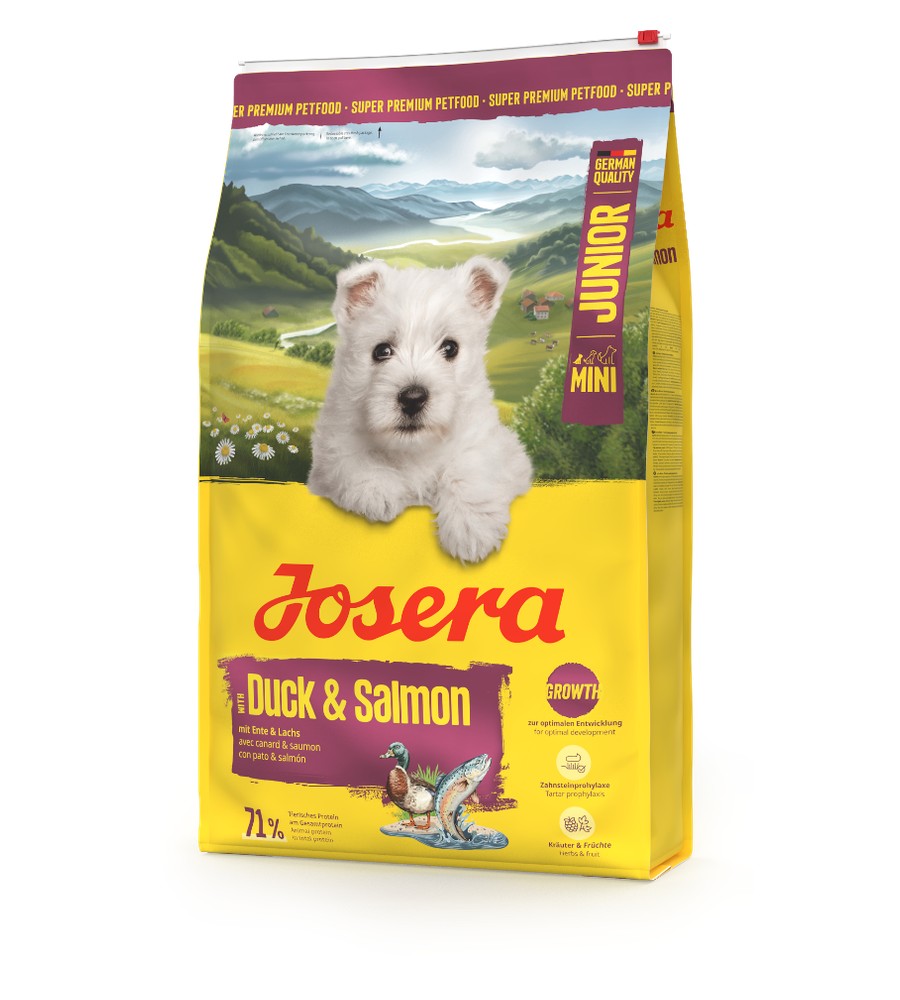 Bag of Josera Mini Junior Duck and Salmon puppy food for small breeds