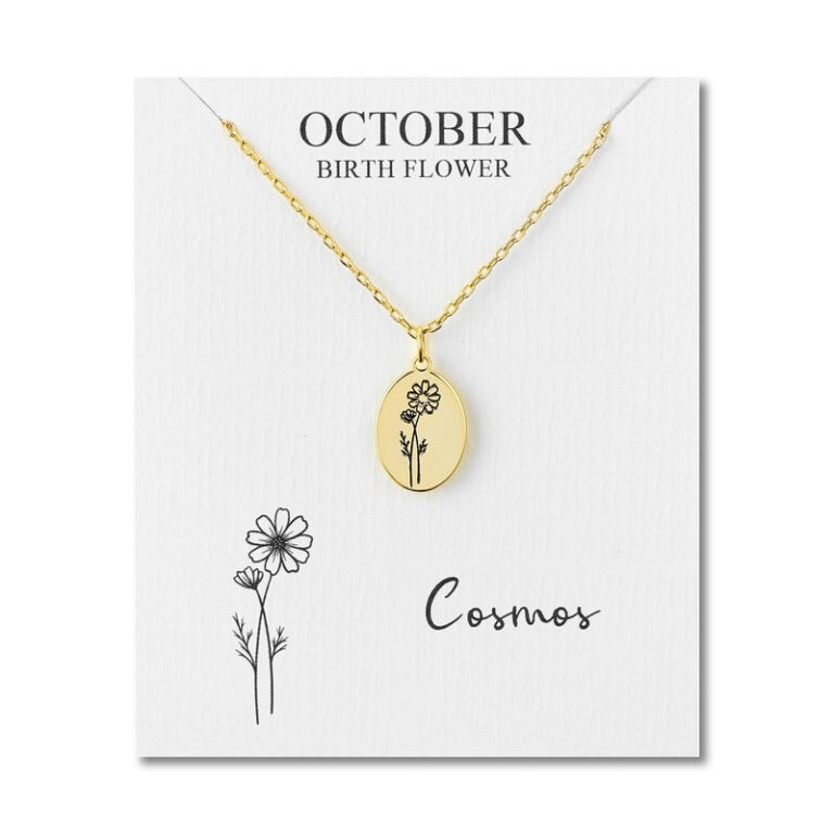 Philip Jones 18k gold plated October cosmos birth flower necklace on its gift card