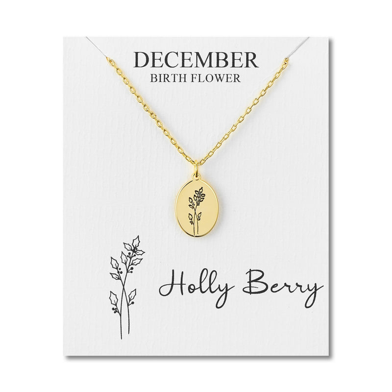Philip Jones December holly berry birth flower necklace on its gift card