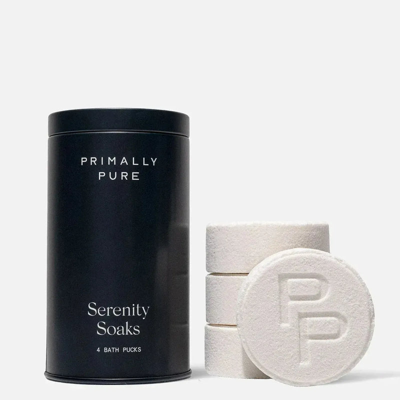 Primally Pure Serenity Soaks bath pucks and tin