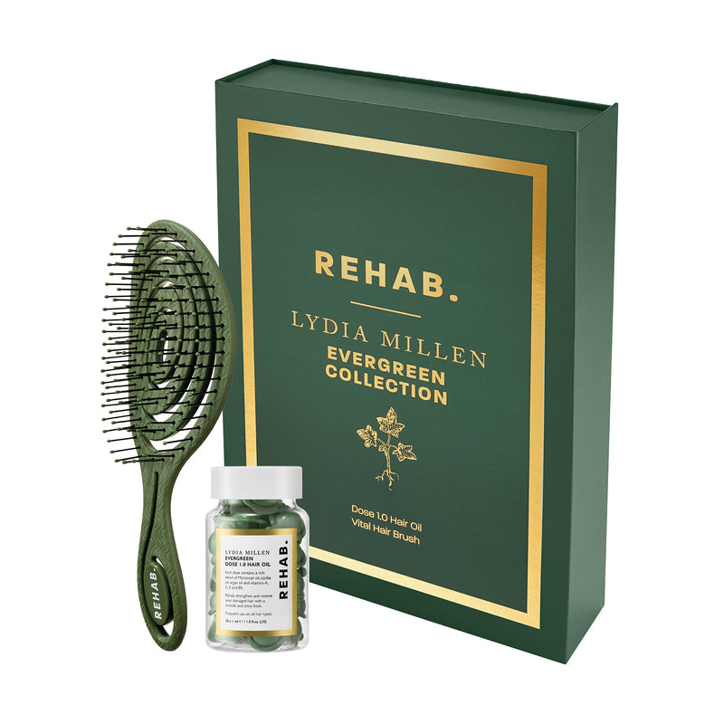 REHAB. Lydia Millen Evergreen Collection box with hair brush and Dose 1.0 hair oil