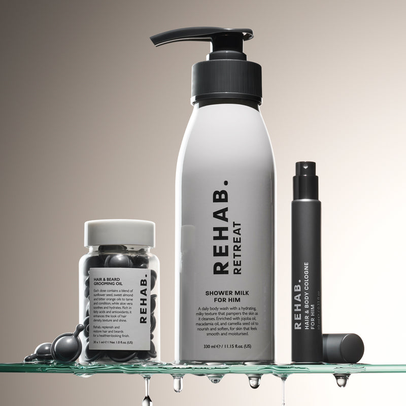 REHAB. Men's Complete Collection with grooming oil, cologne and shower milk