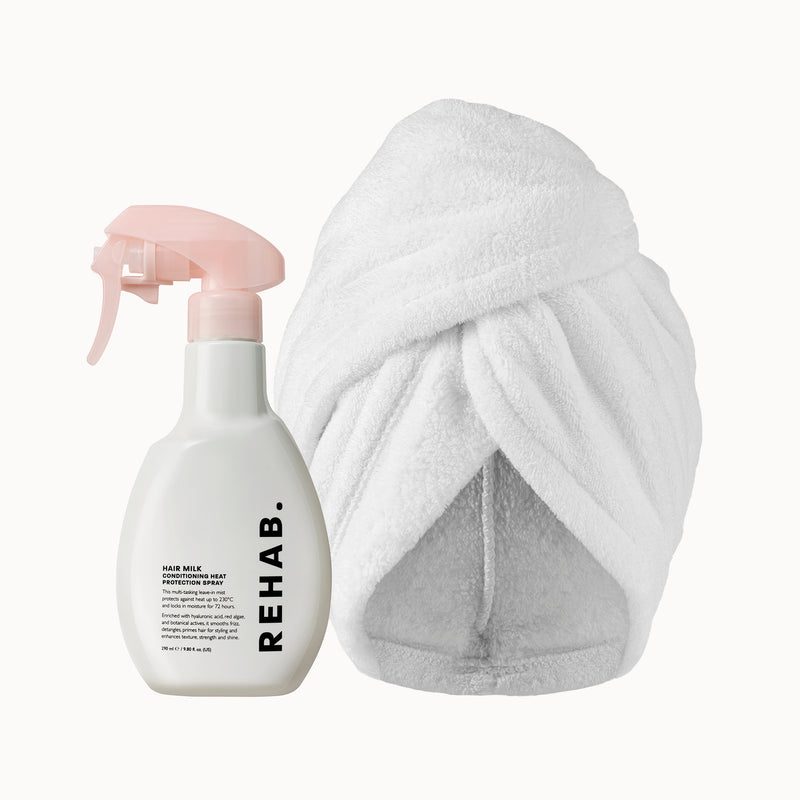 REHAB. Hair Milk spray with a white micro-fibre hair towel