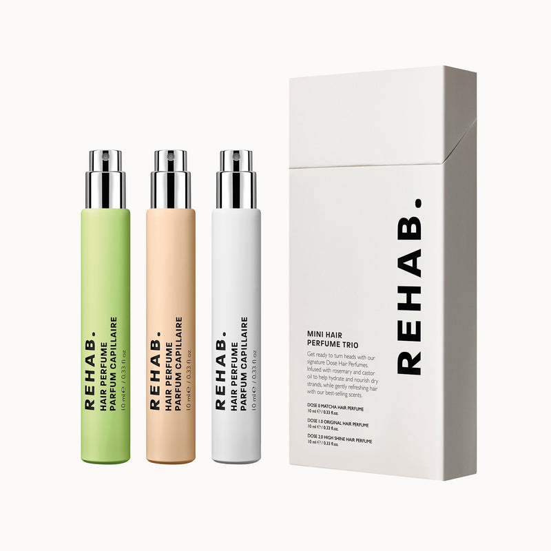 REHAB. Mini Hair Perfume Trio in green, peach and white bottles