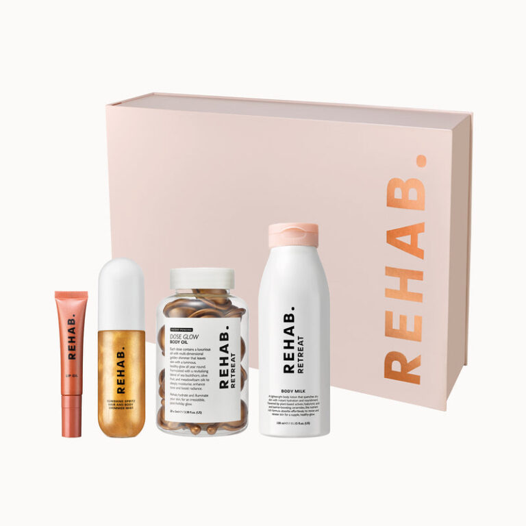 REHAB. Stacey's Ready To Glow All Out gift set with box and products