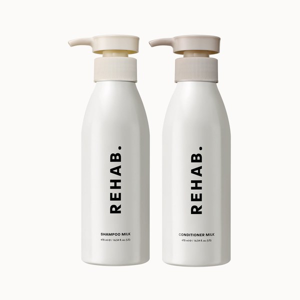 REHAB. Shampoo Milk and Conditioner Milk bottles side by side