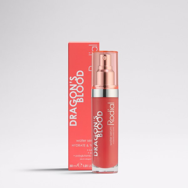 Rodial Dragon’s Blood Skincare Explained: Water Serum, Sculpting Gel and Night Cream Rodial Dragon's Blood Water Serum bottle next to its coral red box