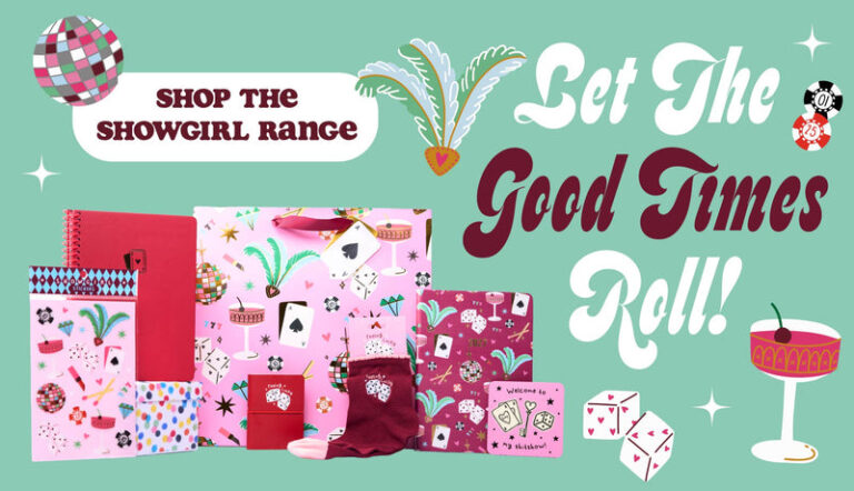 Scribbler Showgirl gift range banner with pink and red gift bags