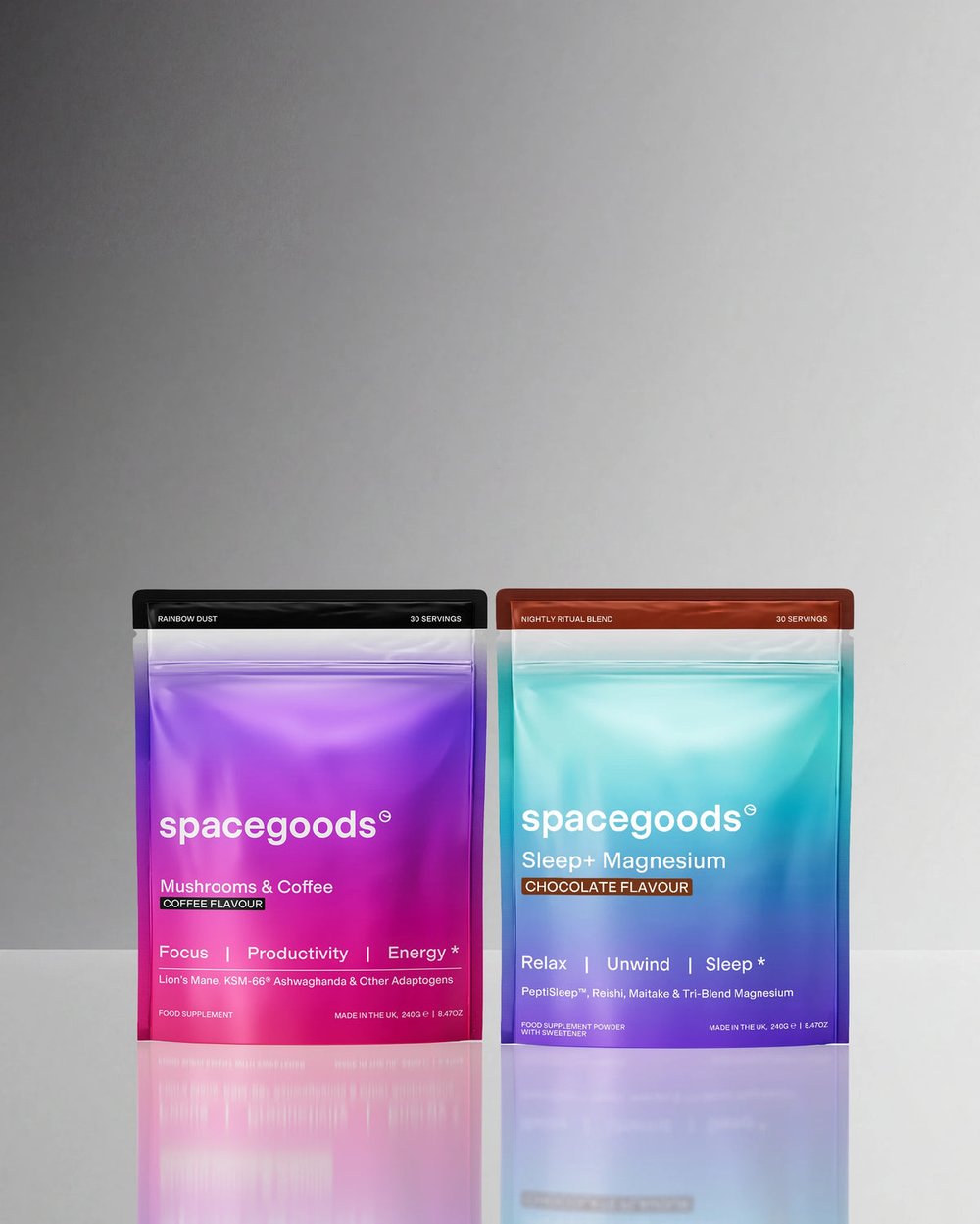 Spacegoods Rainbow Dust and Sleep+ pouches side by side