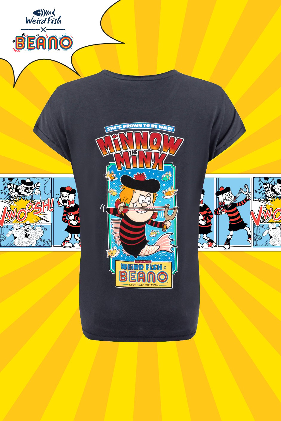 Weird Fish Minnow The Minx Beano collaboration back print artist t-shirt in navy