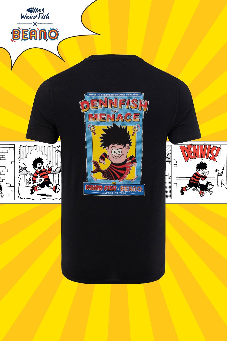 Weird Fish DennFish Beano collaboration back print artist t-shirt in black